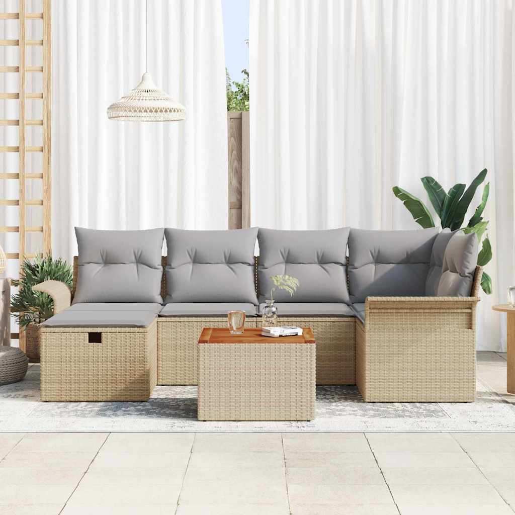 Gartensofa-set mit Kissen mit Speicher 7 pcs Beige Poly Rattan