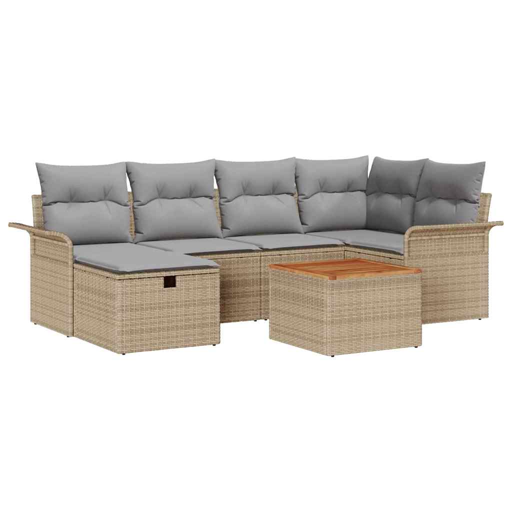 Gartensofa-set mit Kissen mit Speicher 7 pcs Beige Poly Rattan