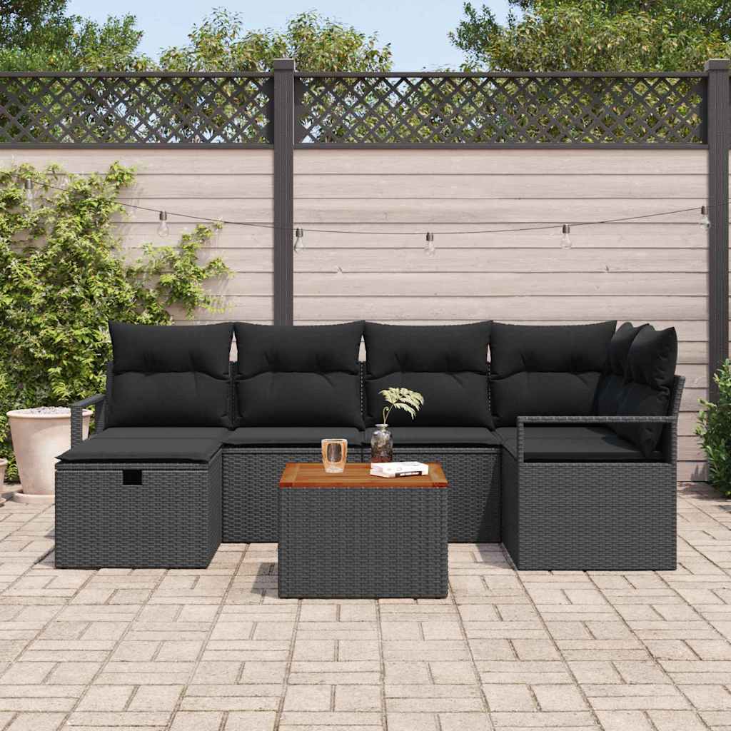 Garten-Sofa-Set mit Kissen 7 pcs Schwarz Poly Rattan
