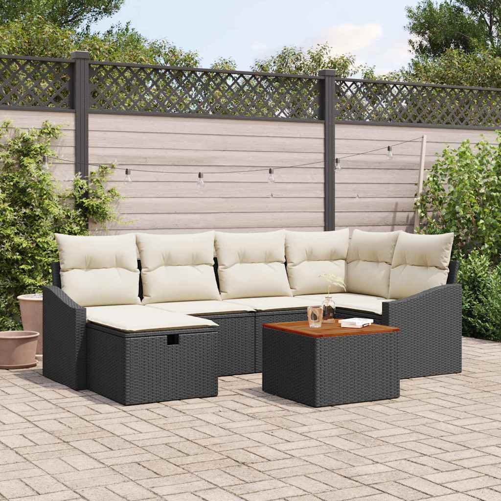 Gartensofa-set mit Kissen 7 pcs Schwarz Poly Rattan