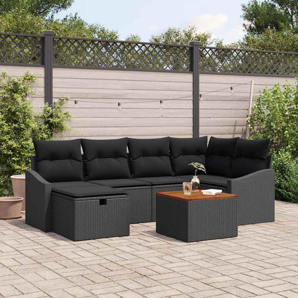 Gartensofa-set mit Kissen 7 pcs Schwarz Poly Rattan