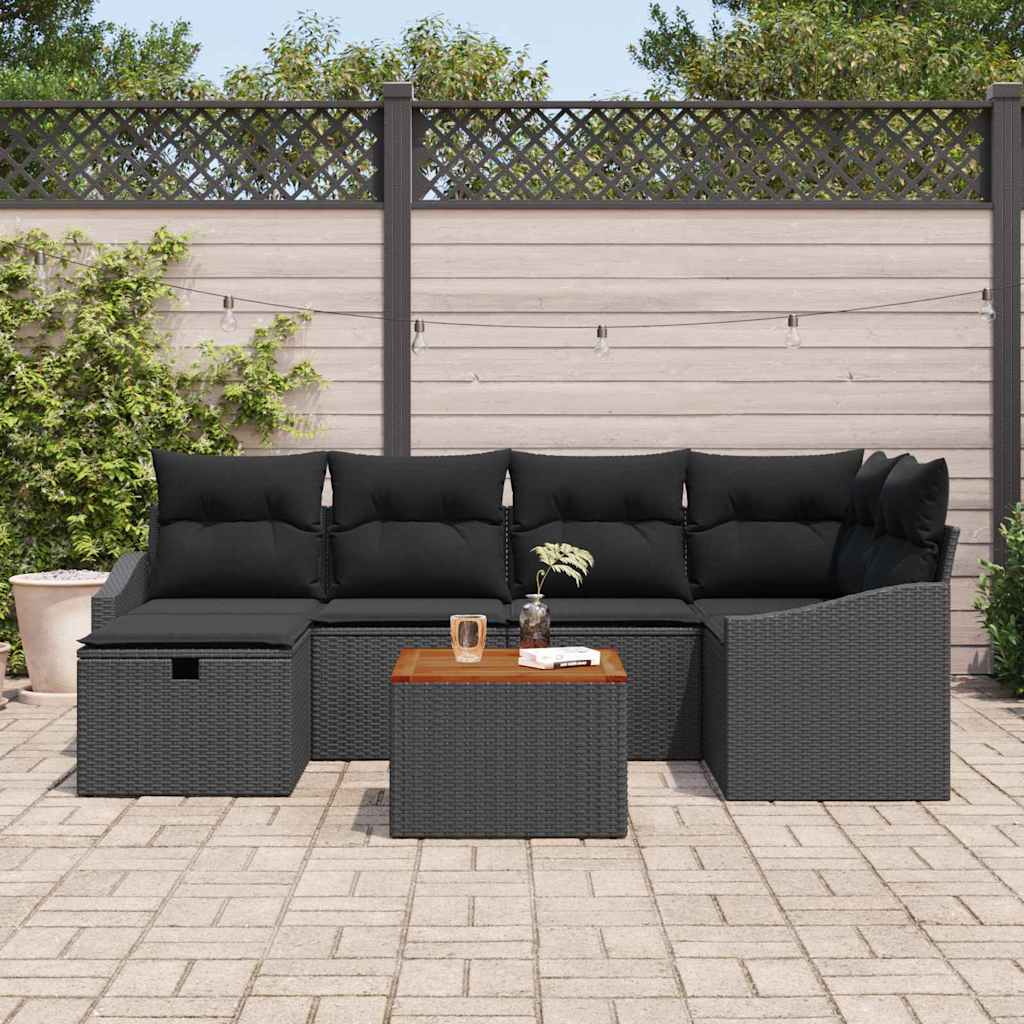 Gartensofa-set mit Kissen 7 pcs Schwarz Poly Rattan