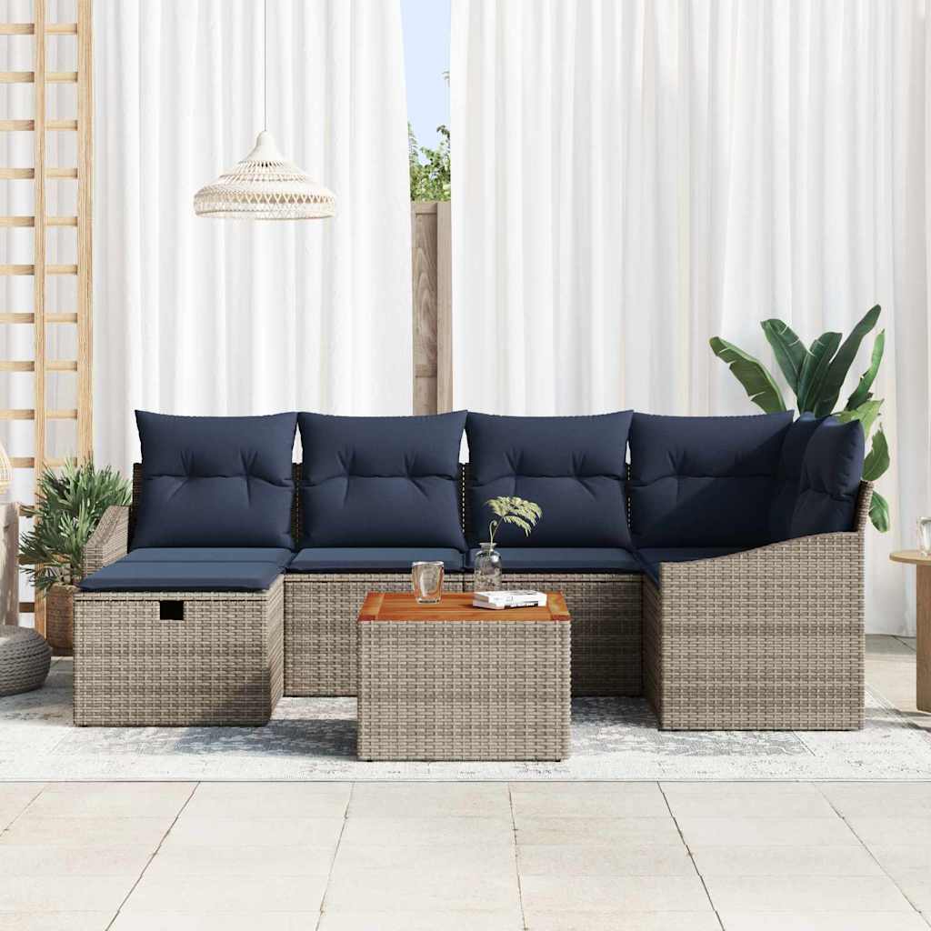 Gartensofa-set mit Kissen mit Speicher 7 pcs Grau Poly Rattan