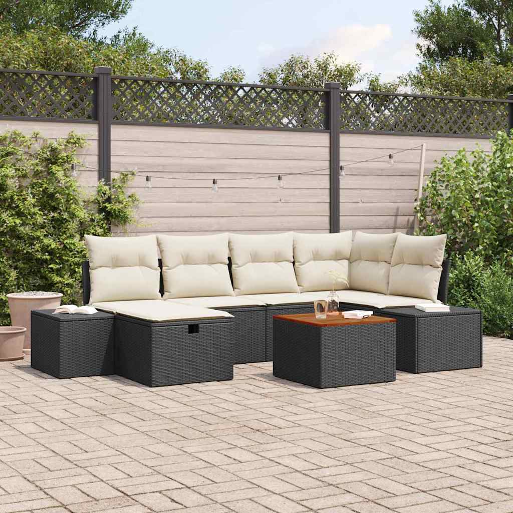 Gartensofa-set mit Kissen 7 pcs Schwarz Poly Rattan