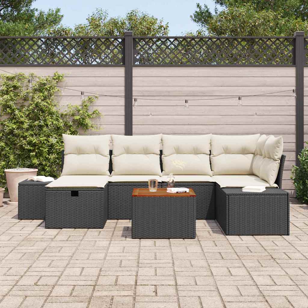 Gartensofa-set mit Kissen 7 pcs Schwarz Poly Rattan
