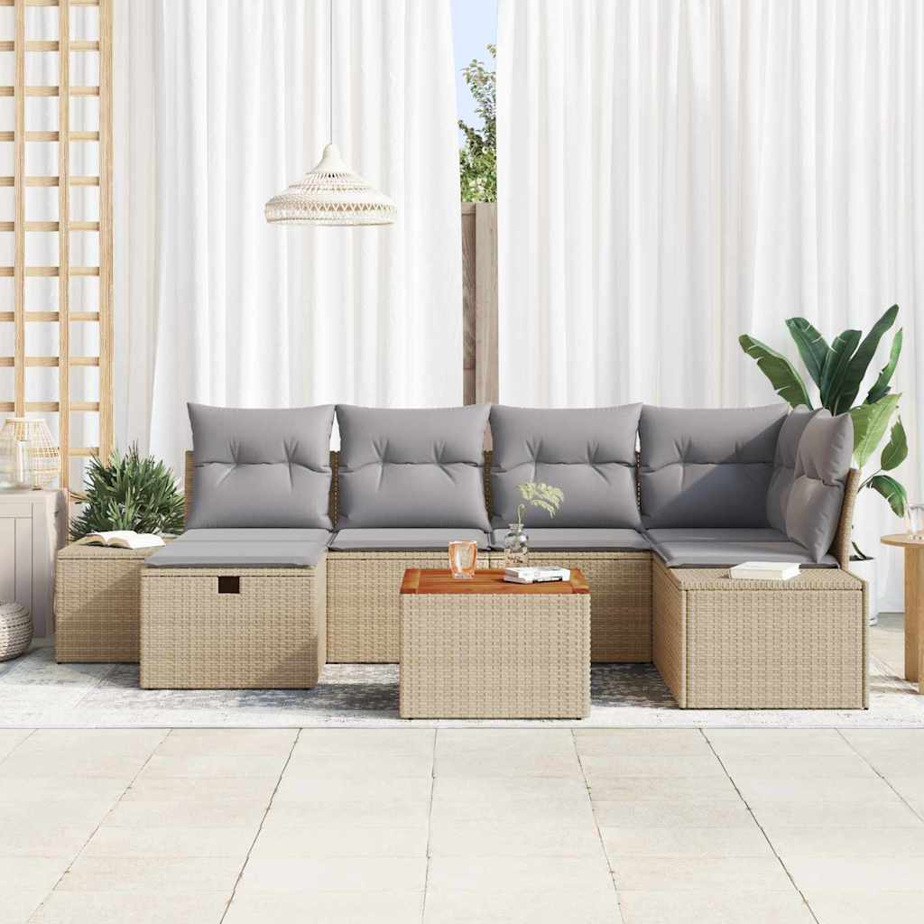 Gartensofa-set mit Kissen mit Speicher 7 pcs Beige Poly Rattan