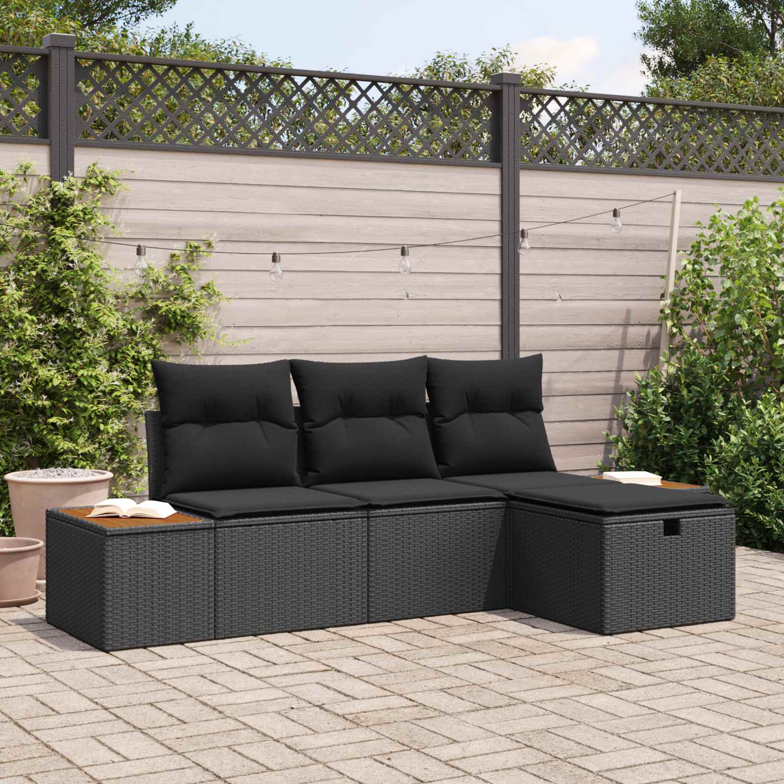 Gartensofa-set mit Kissen 4 pcs Schwarz Poly-Rattan