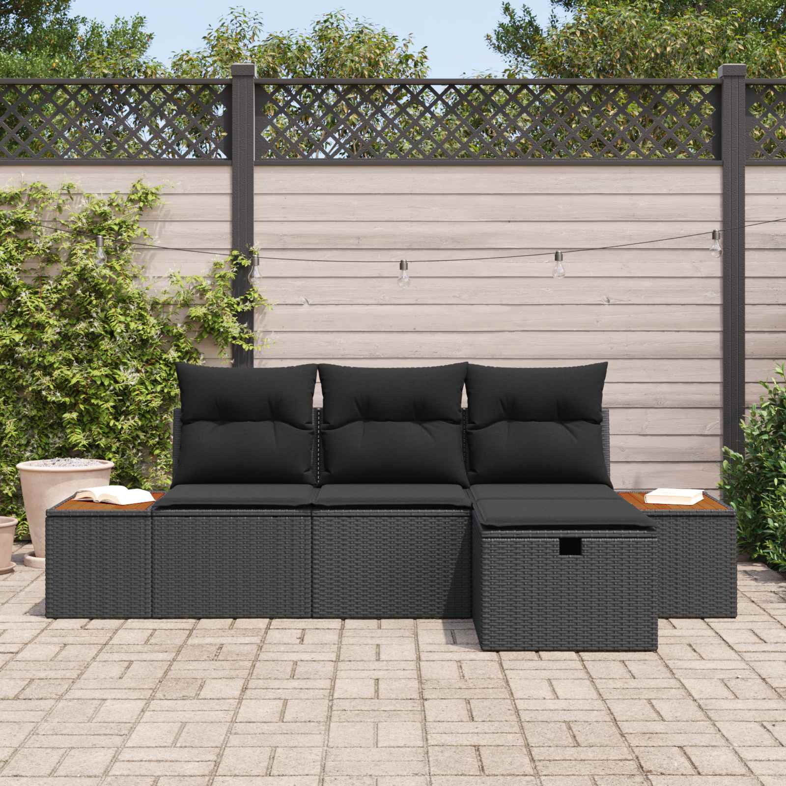 Gartensofa-set mit Kissen 4 pcs Schwarz Poly-Rattan