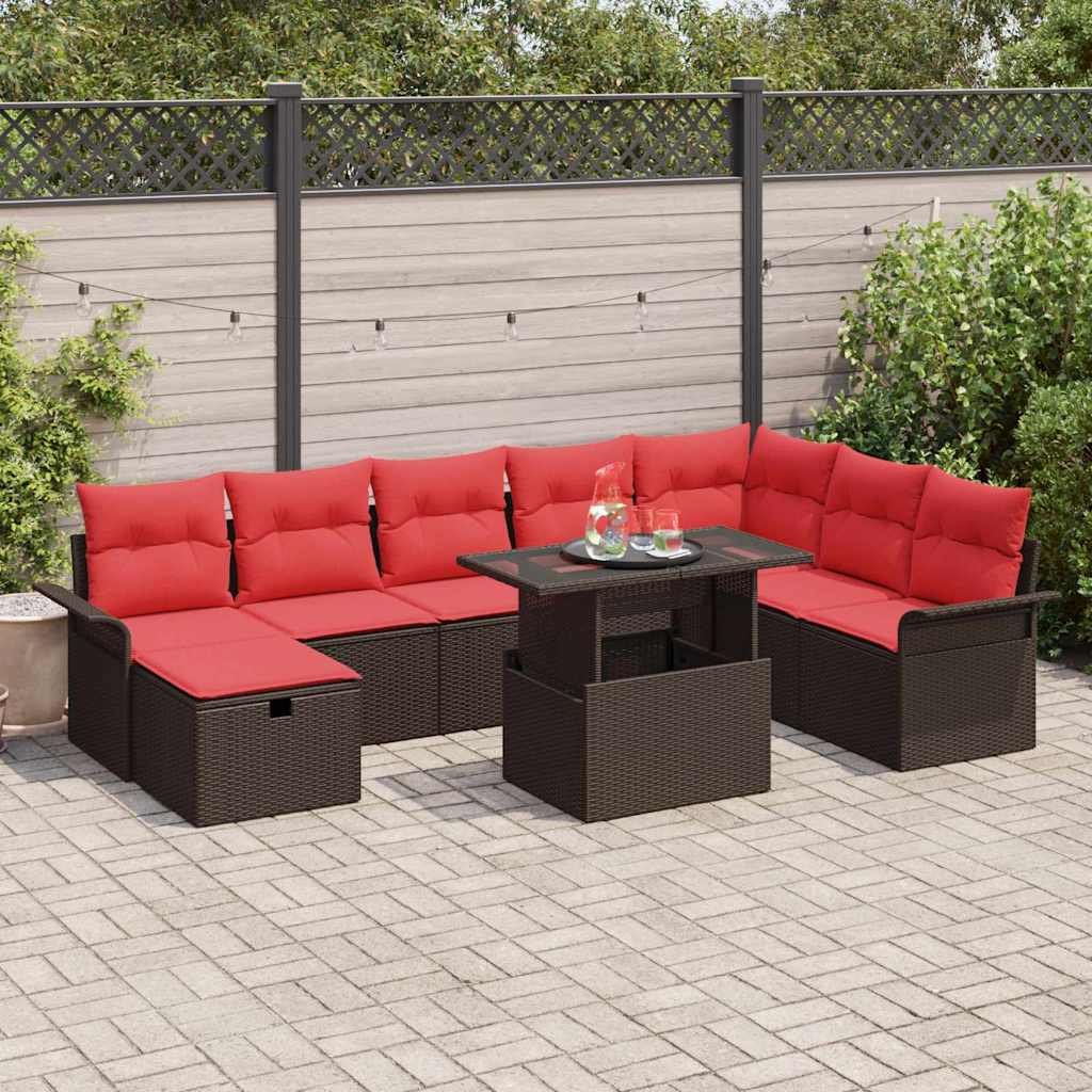 Garten-Sofa-Set mit Kissen mit Speicher 9 pcs Braun Poly Rattan