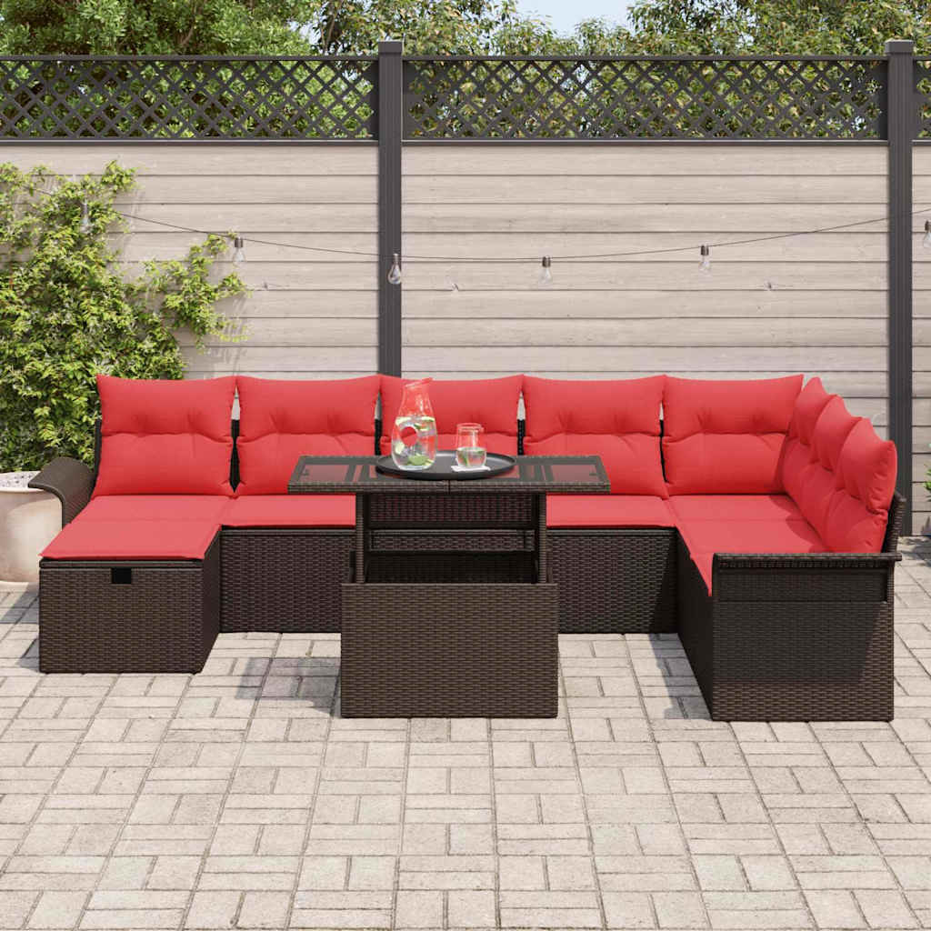 Garten-Sofa-Set mit Kissen mit Speicher 9 pcs Braun Poly Rattan