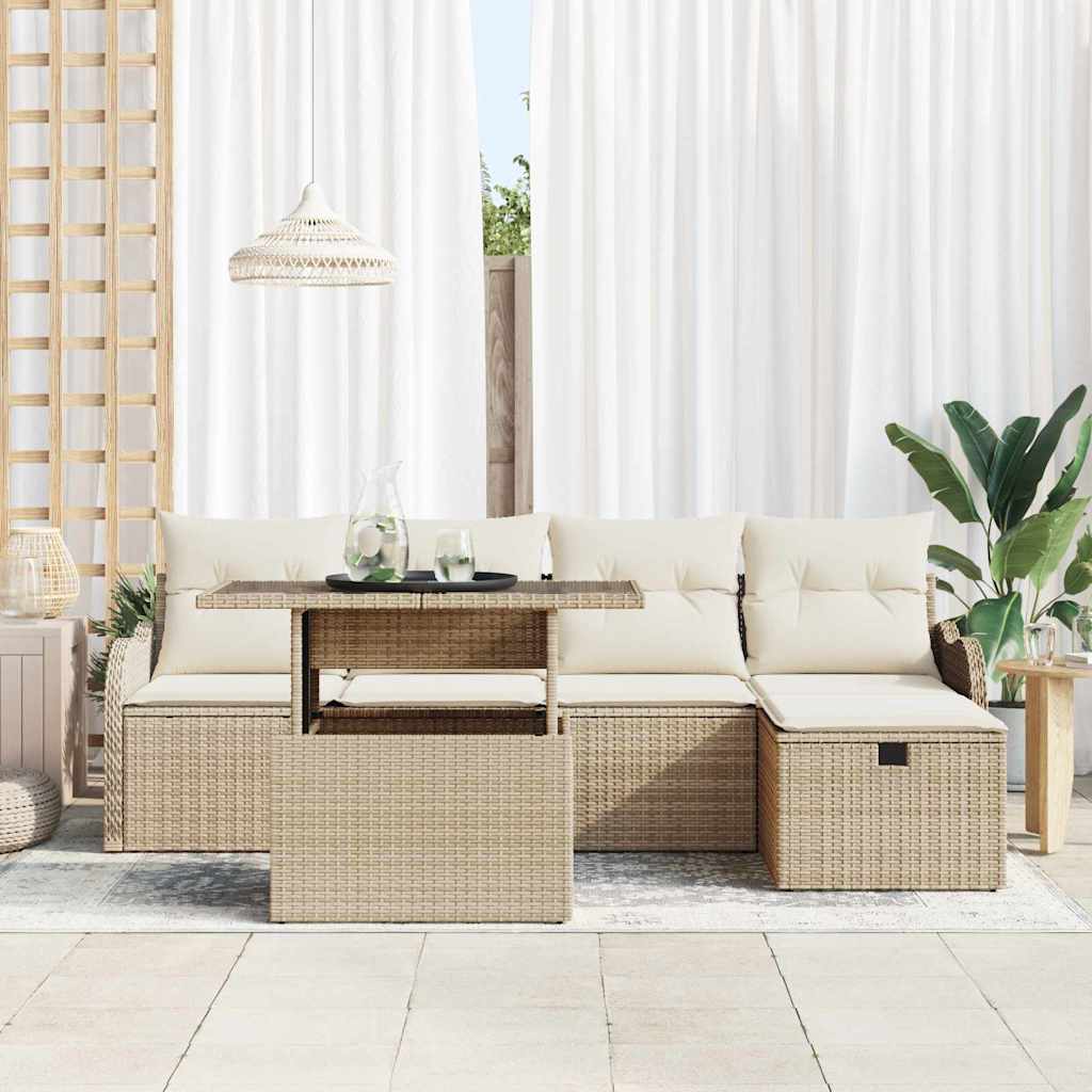 Garten-Sofa-Set mit Kissen mit Speicher 6 pcs Beige Poly Rattan