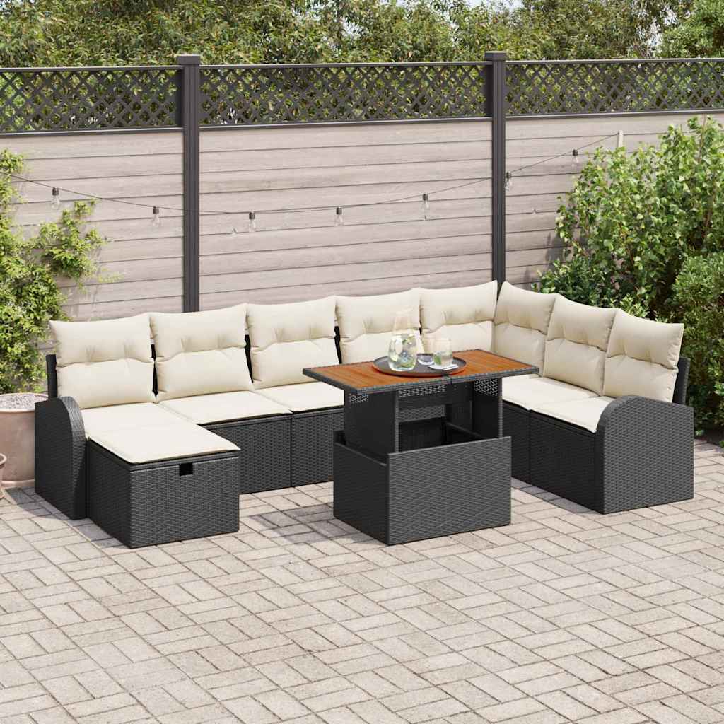 Garten-Sofa-Set mit Kissen 9 pcs Schwarz Poly-Rattan