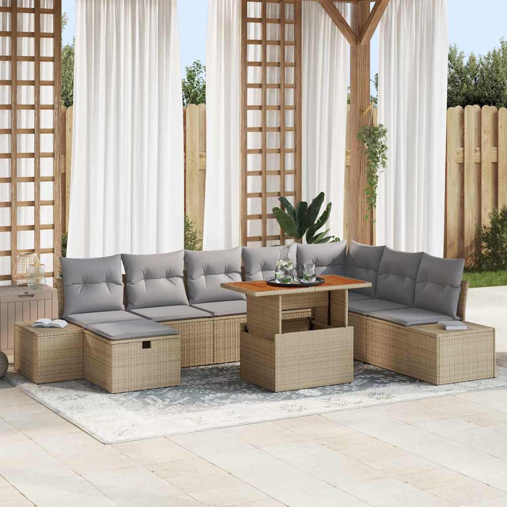Garten-Sofa-Set mit Speicher 9 pcs Beige Poly Rattan