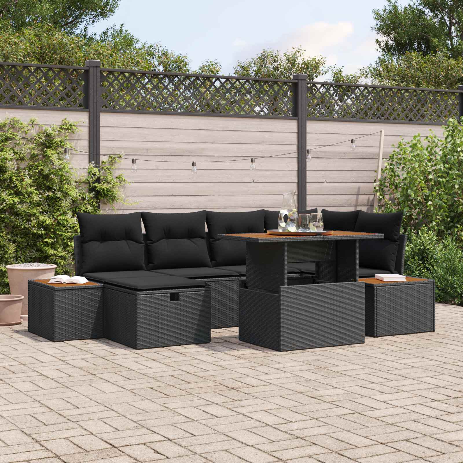 Garten-Sofa-Set 7 pcs Schwarz Poly-Rattan