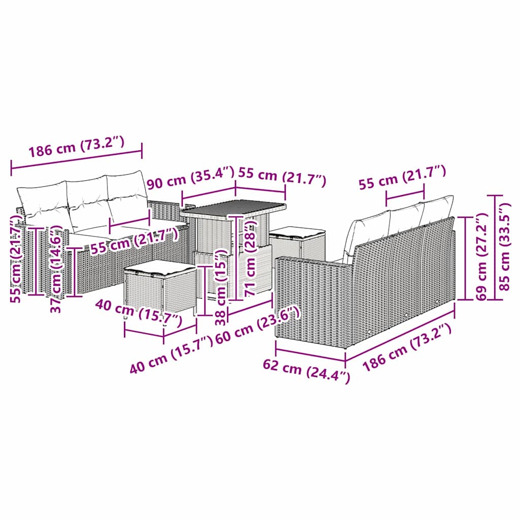 Garten-Sofa-Set 9 pcs Schwarz Poly-Rattan