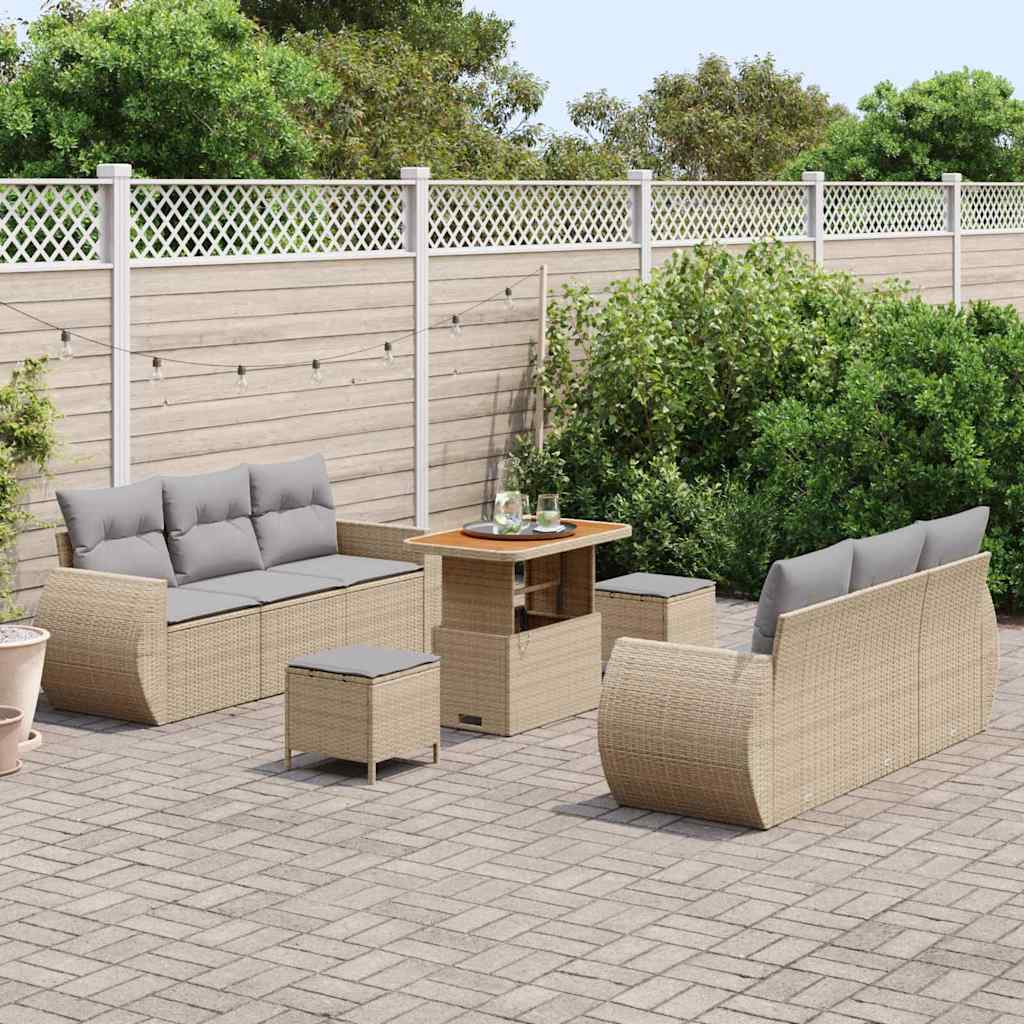 Gartensofa-set mit Kissen mit Speicher 9 pcs Beige Poly-Rattan