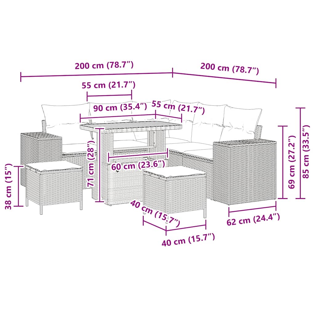 Gartensofa-set mit Kissen 8 pcs Schwarz Poly-Rattan