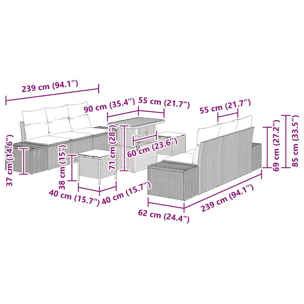 Gartensofa-set mit Kissen 9 pcs Grau Poly-Rattan