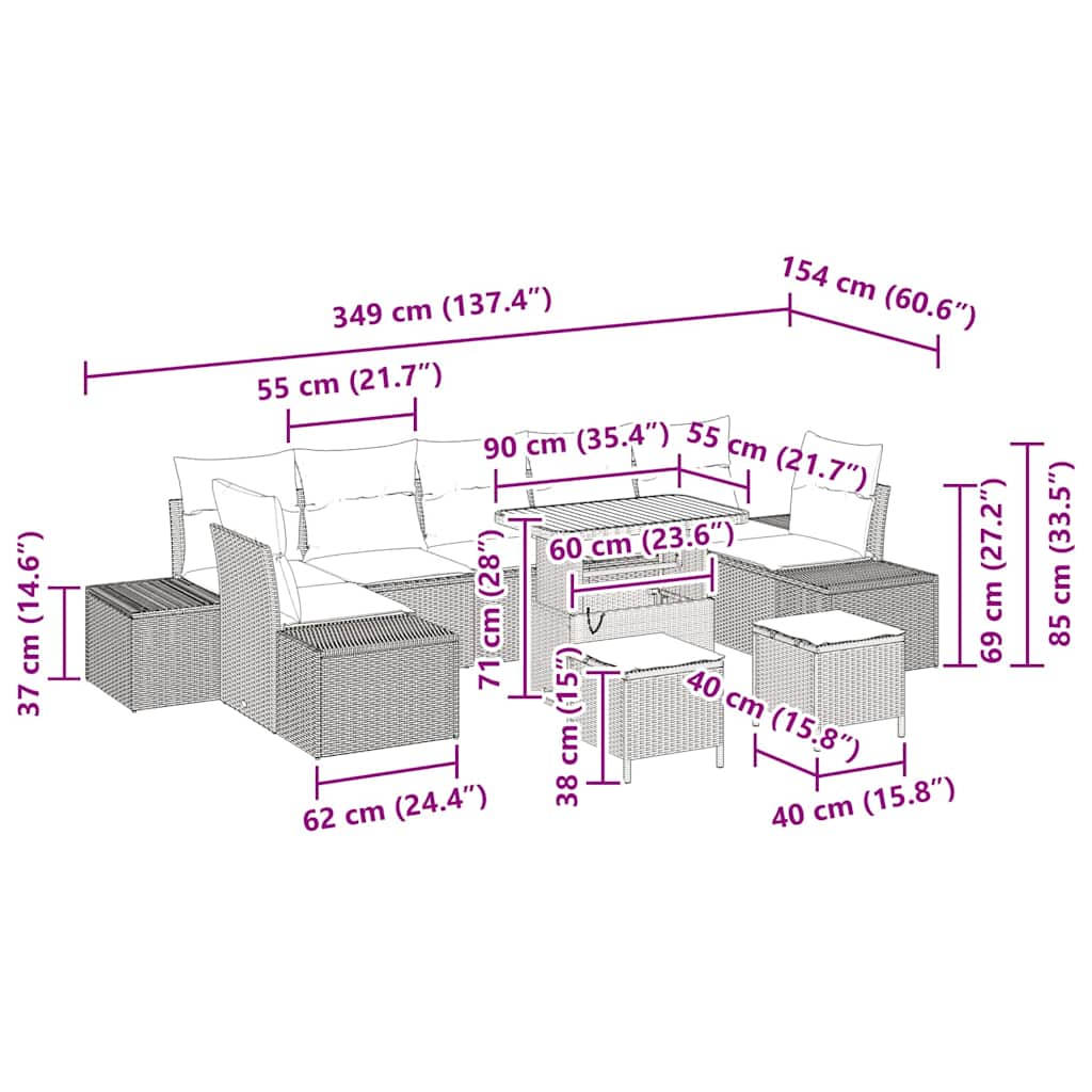 Gartensofa-set mit Kissen 10 pcs Schwarz Poly-Rattan