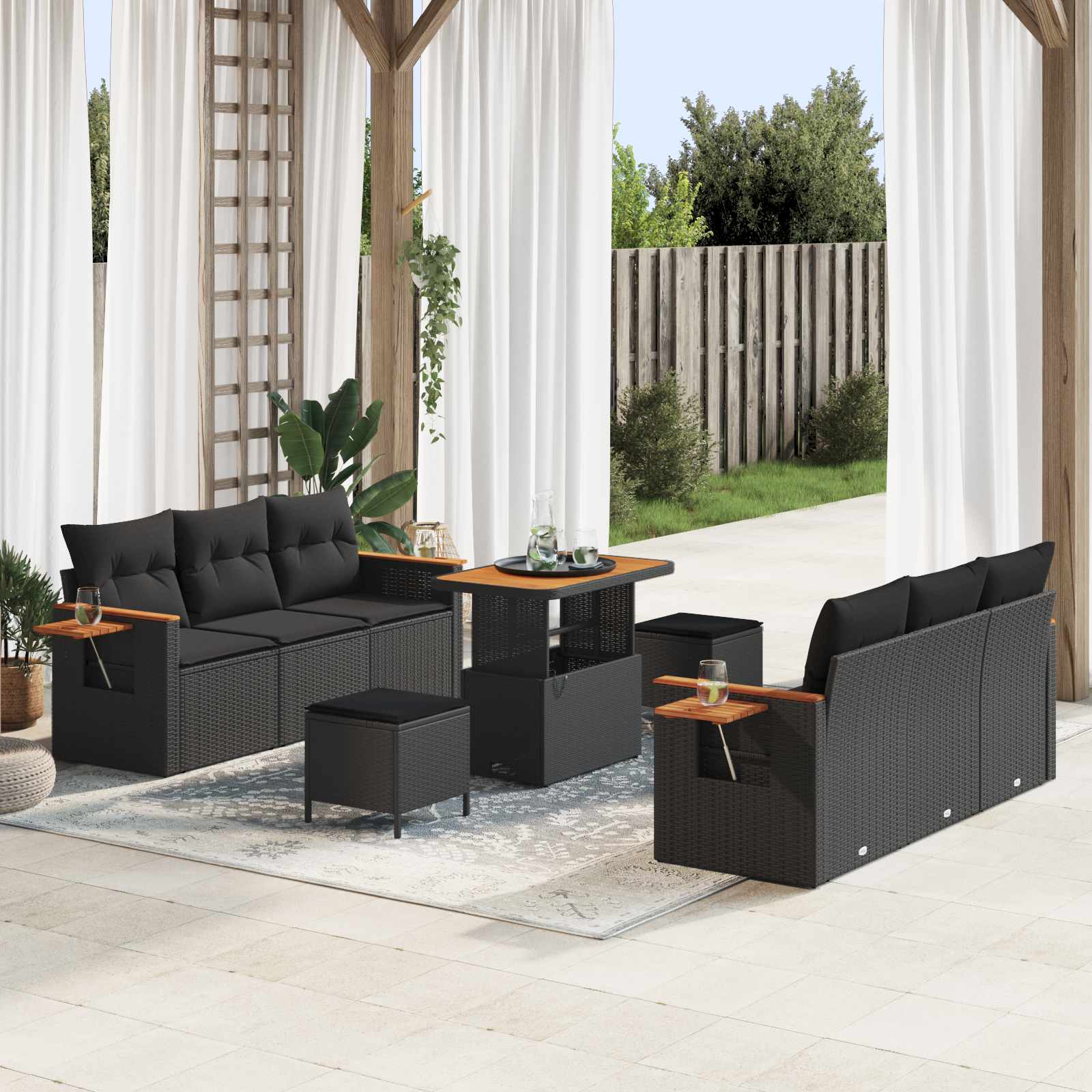 Gartensofa-set mit Kissen 9 pcs Schwarz