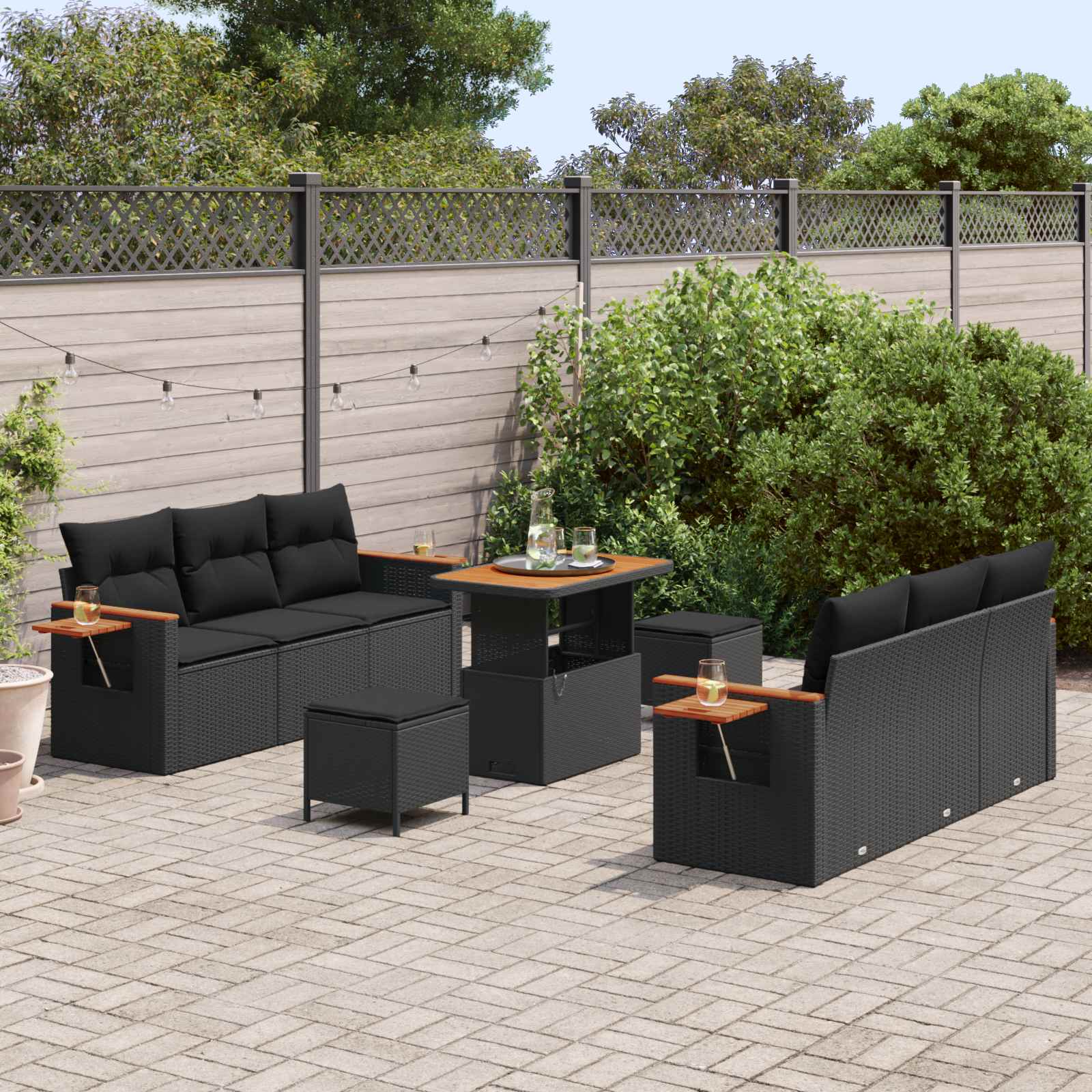 Gartensofa-set mit Kissen 9 pcs Schwarz