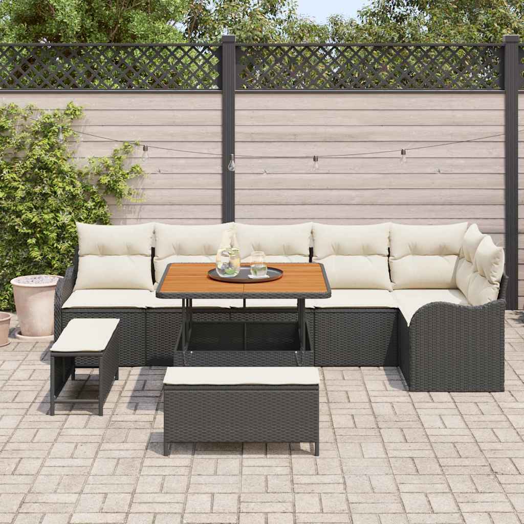 Garten-Sofa-Set mit Kissen mit Speicher 9 pcs Schwarz und Creme