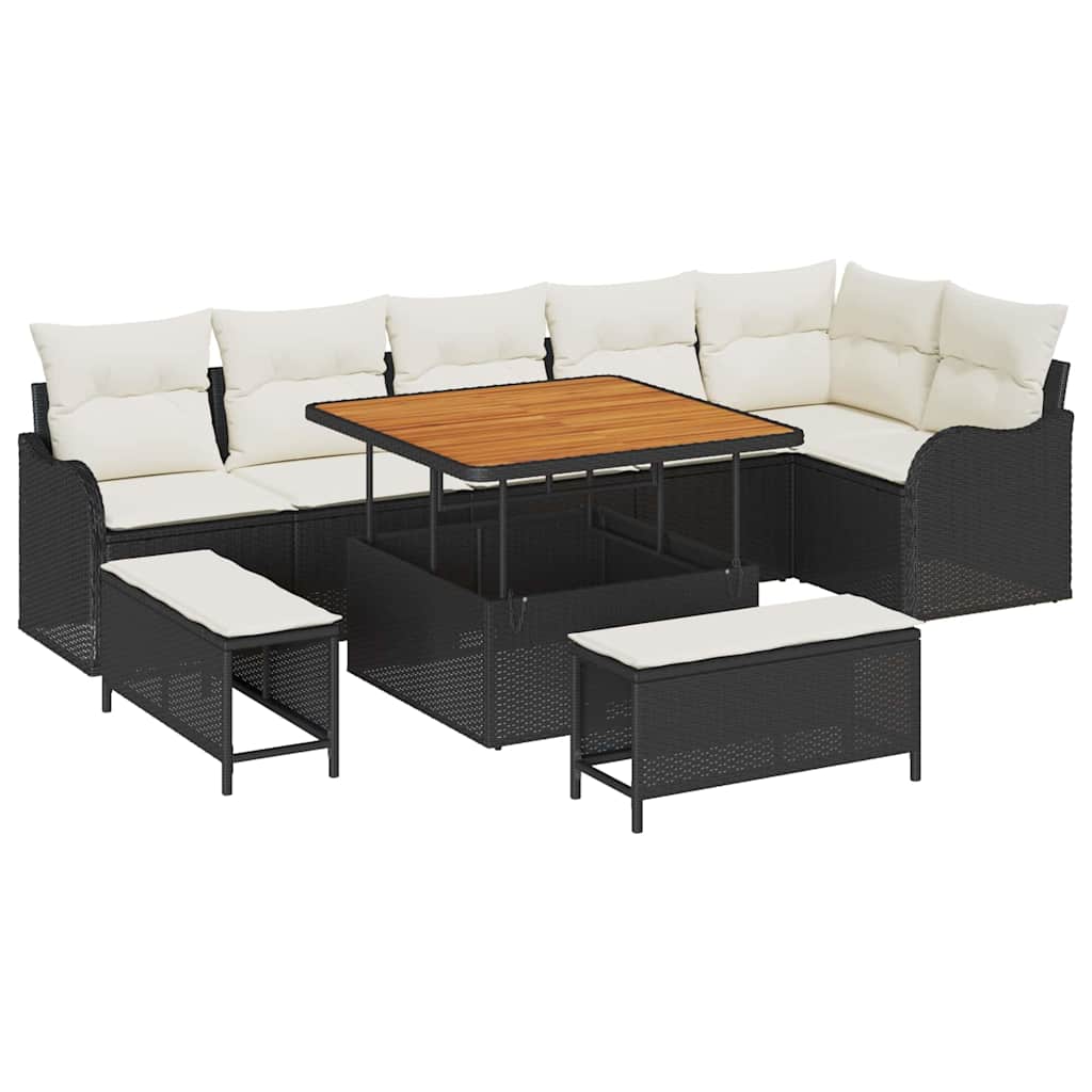 Garten-Sofa-Set mit Kissen mit Speicher 9 pcs Schwarz und Creme