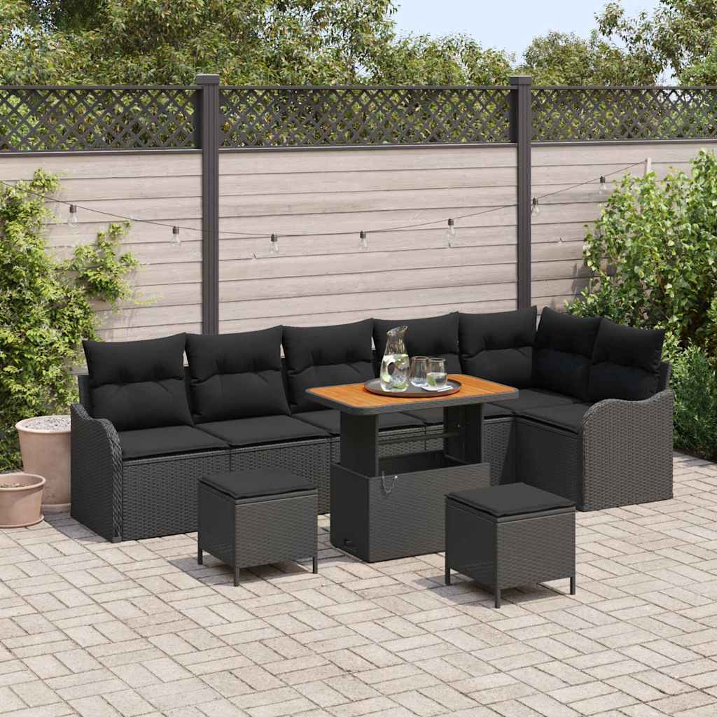Garten-Sofa-Set mit Kissen mit Speicher 9 pcs Schwarz