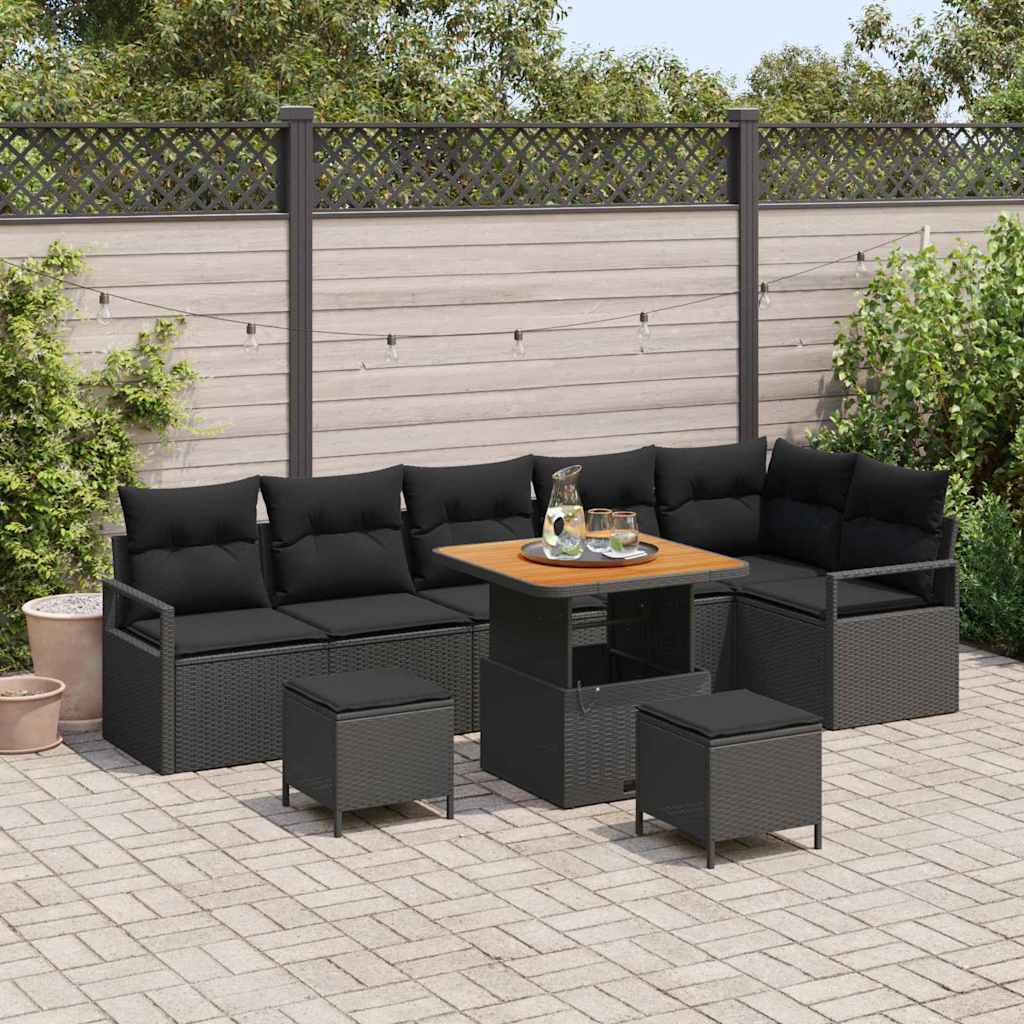 Garten-Sofa-Set mit Kissen mit Speicher 9 pcs Schwarz
