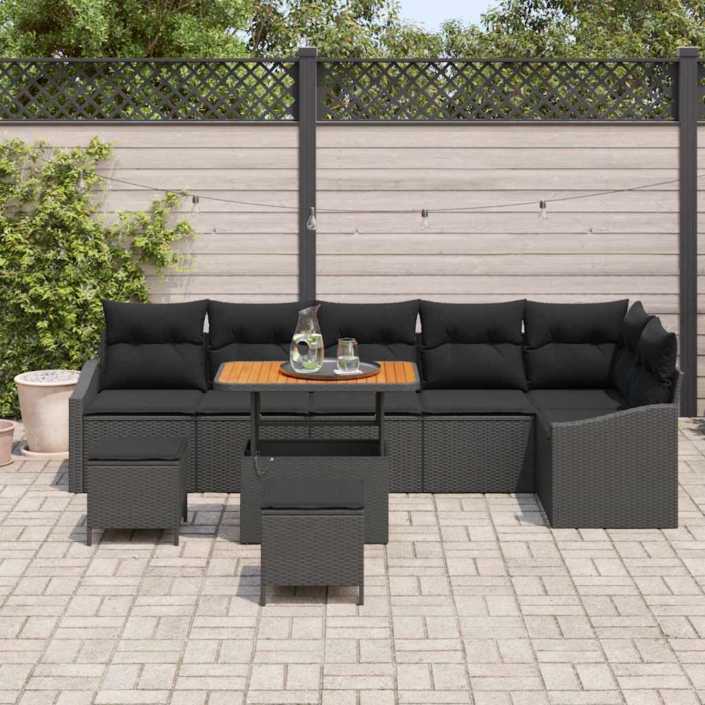 Gartensofa-set mit Kissen 9 pcs Schwarz Poly Rattan