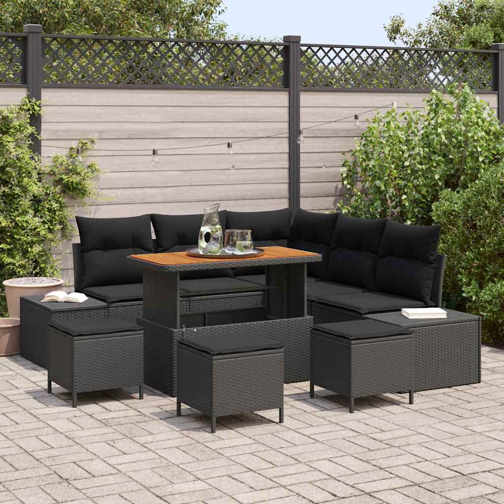 Gartensofa-set mit Kissen 9 pcs Schwarz Poly Rattan