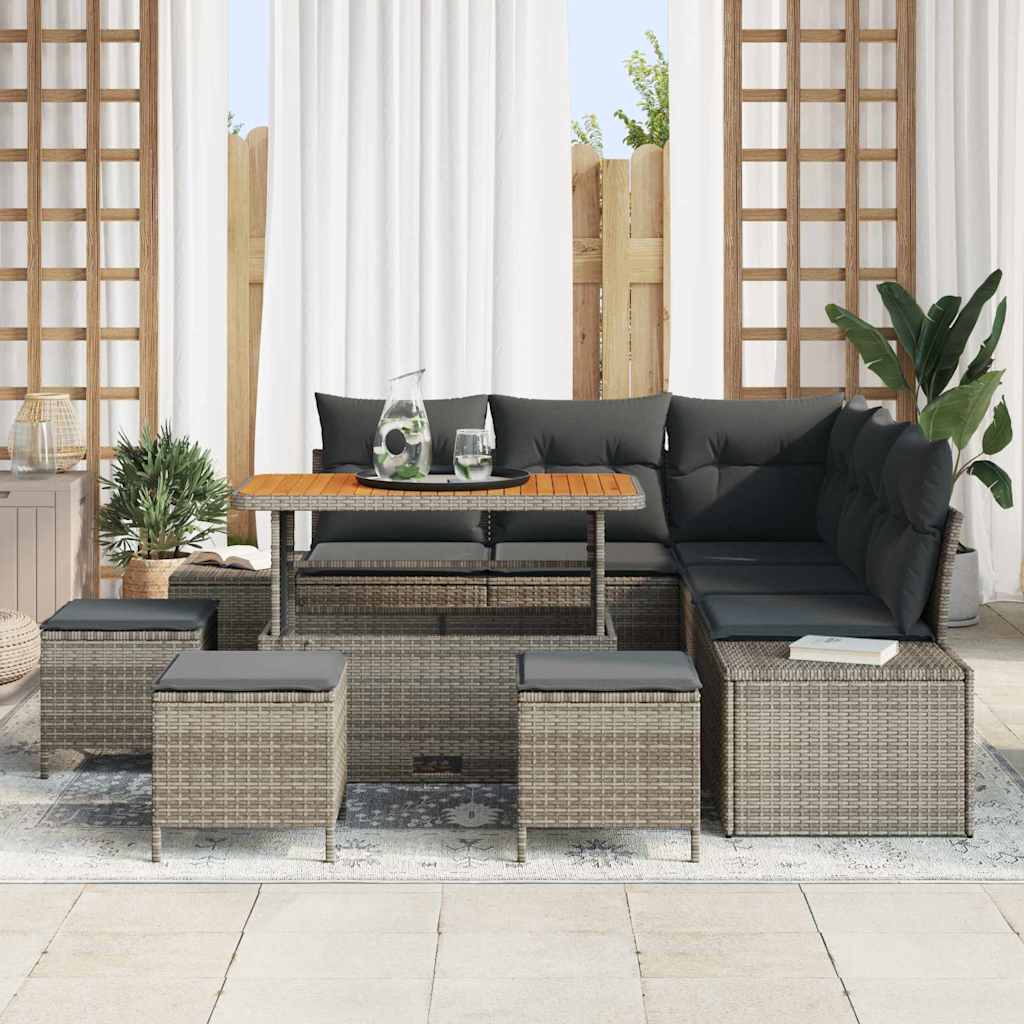 Gartensofa-set mit Kissen mit Speicher 9 pcs Grau Poly Rattan