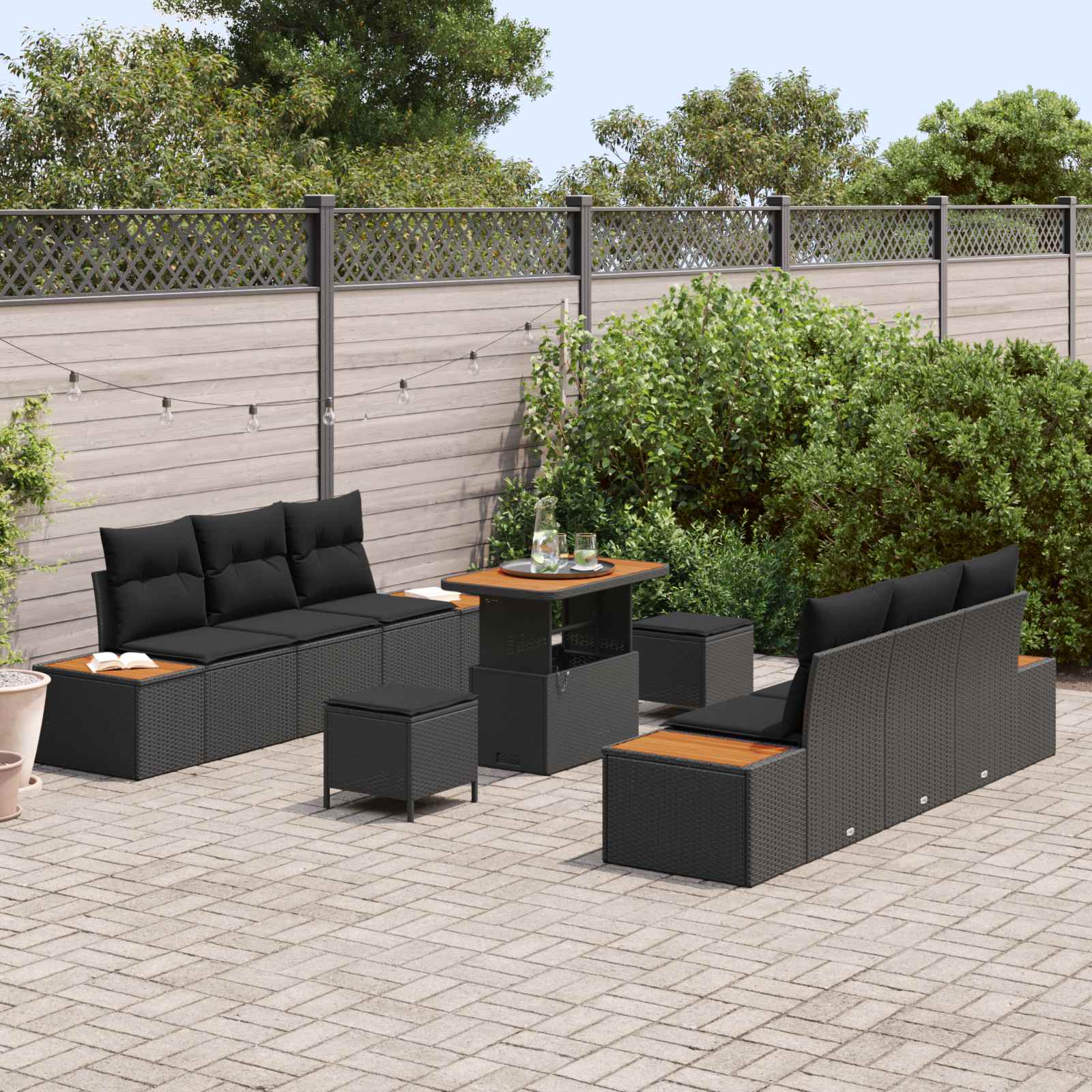 Gartensofa-set mit Kissen 9 pcs Schwarz Poly Rattan
