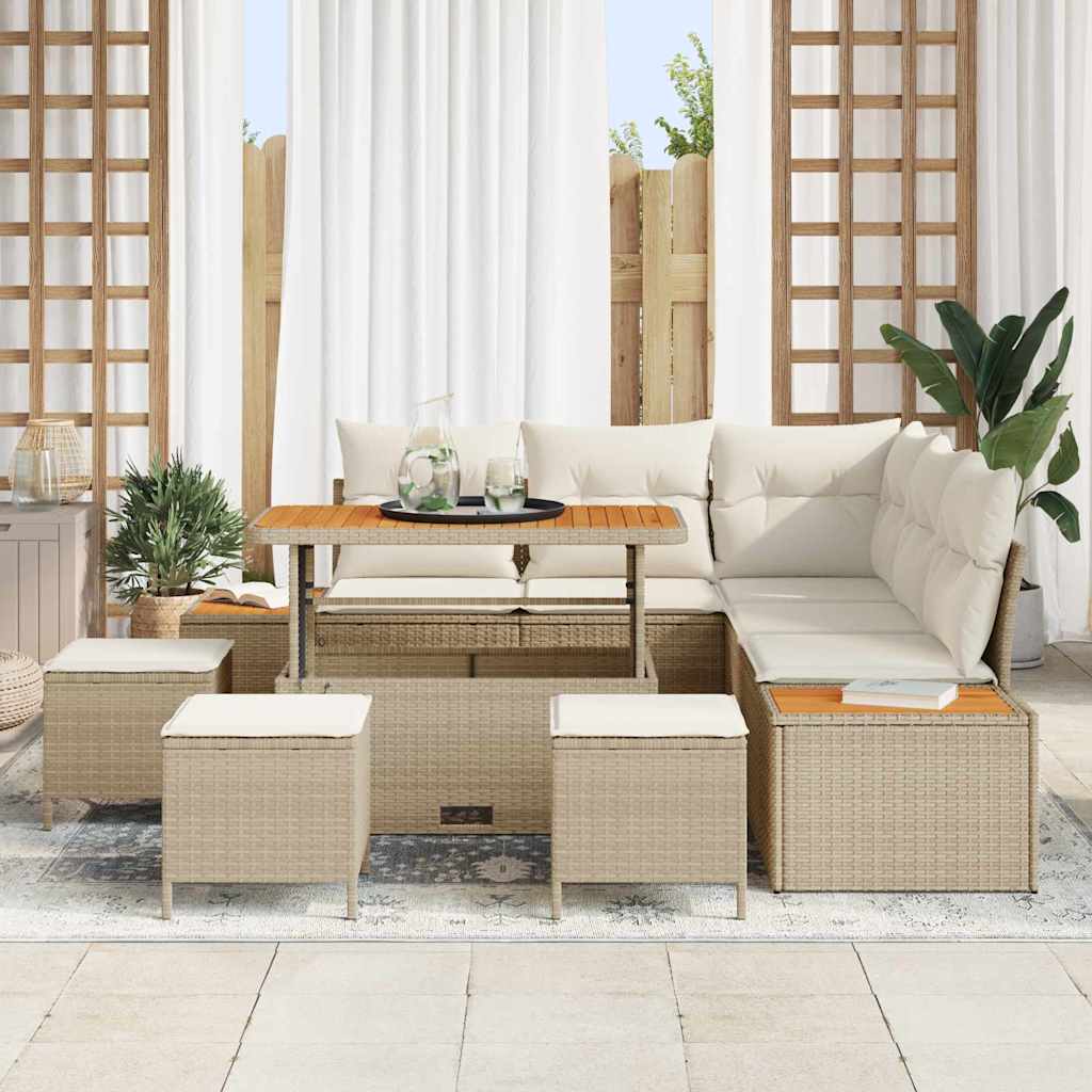 Gartensofa-set mit Kissen mit Speicher 9 pcs Beige Poly Rattan