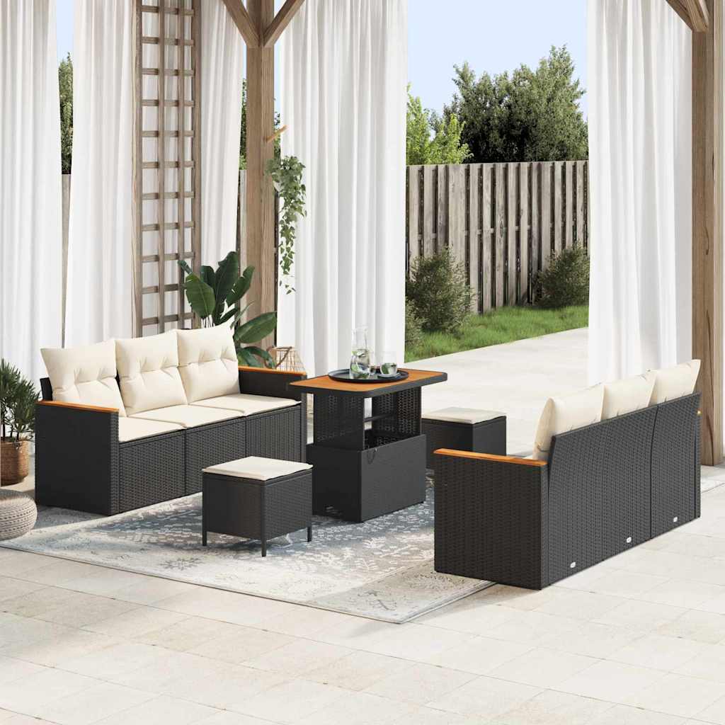 Gartensofa-set mit Kissen 11 pcs Schwarz und Creme Poly-Rattan