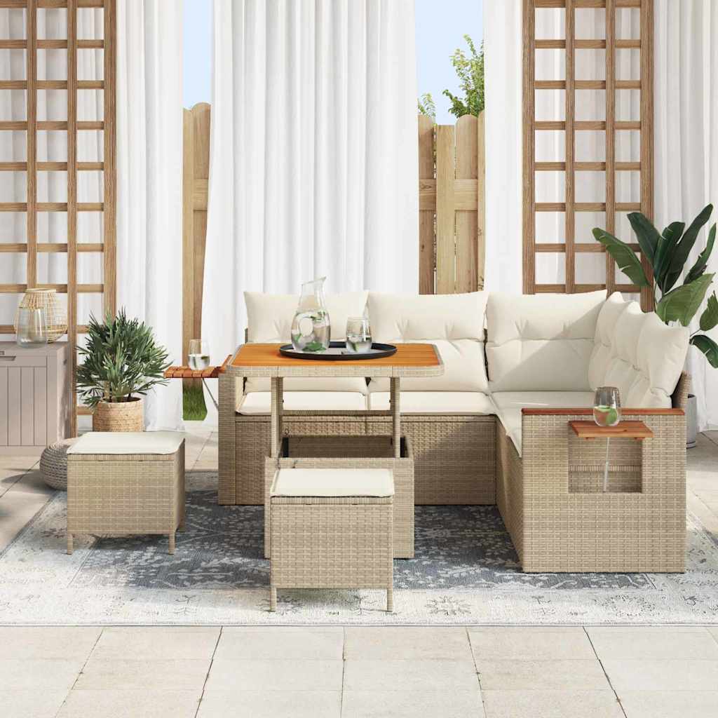 Gartensofa-set mit Kissen 9 pcs Beige und Creme Poly-Rattan