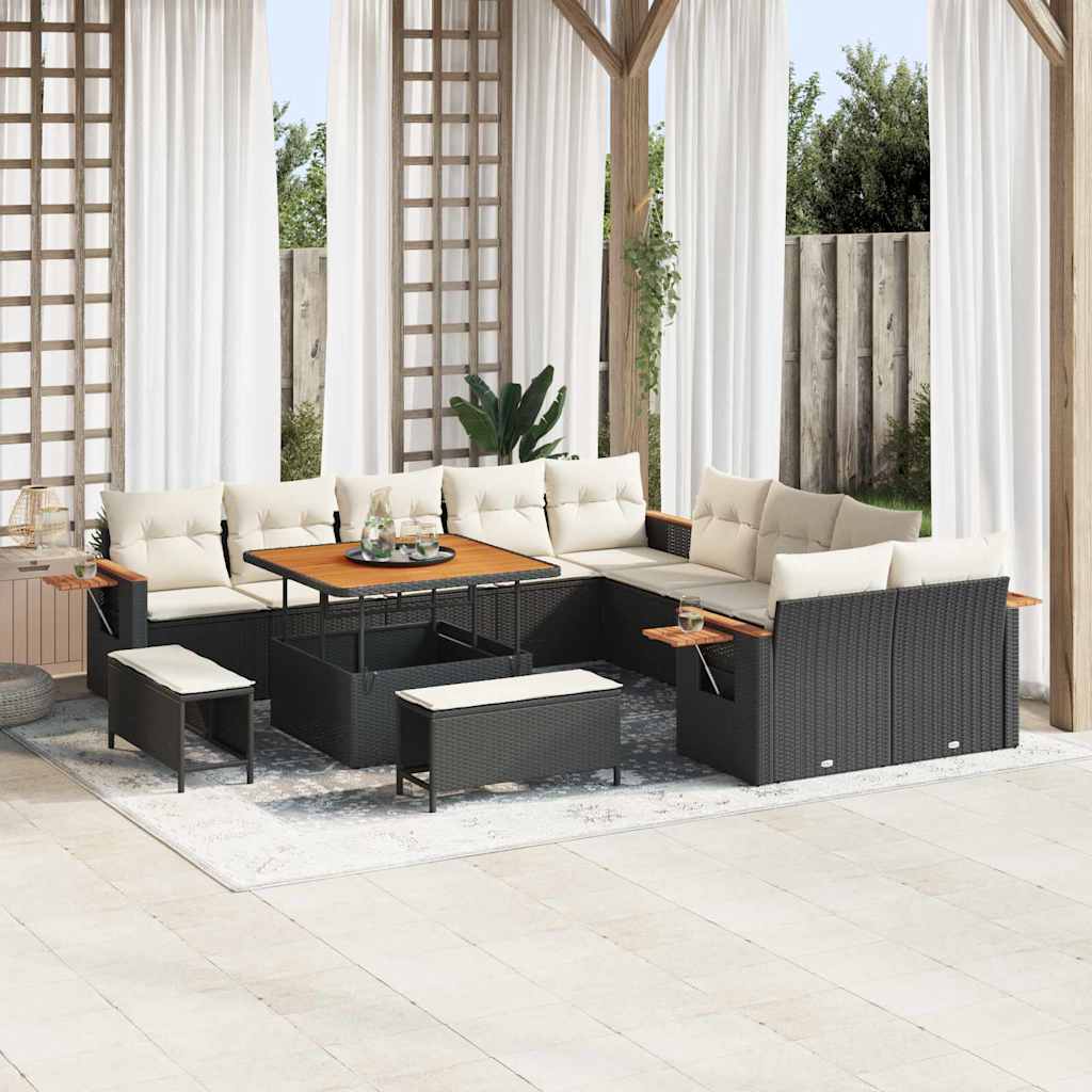 Gartensofa-set mit Kissen 17 pcs Schwarz und Creme Poly-Rattan
