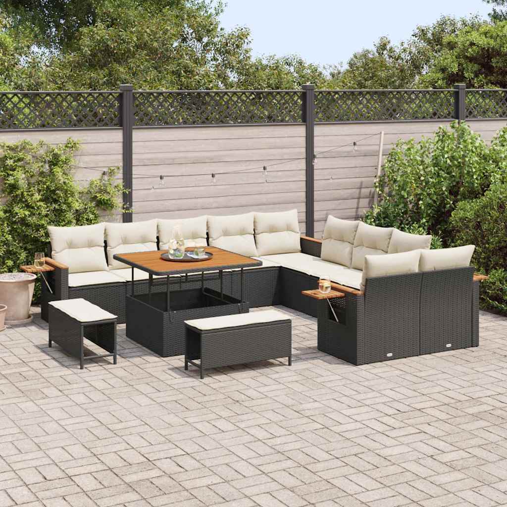 Gartensofa-set mit Kissen 17 pcs Schwarz und Creme Poly-Rattan