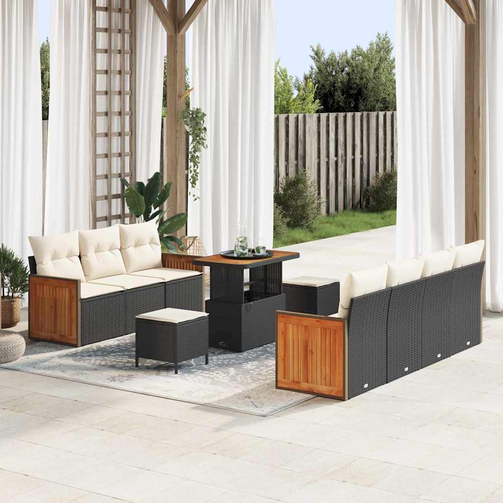 Gartensofa-set mit Kissen 13 pcs Schwarz und Creme Poly-Rattan