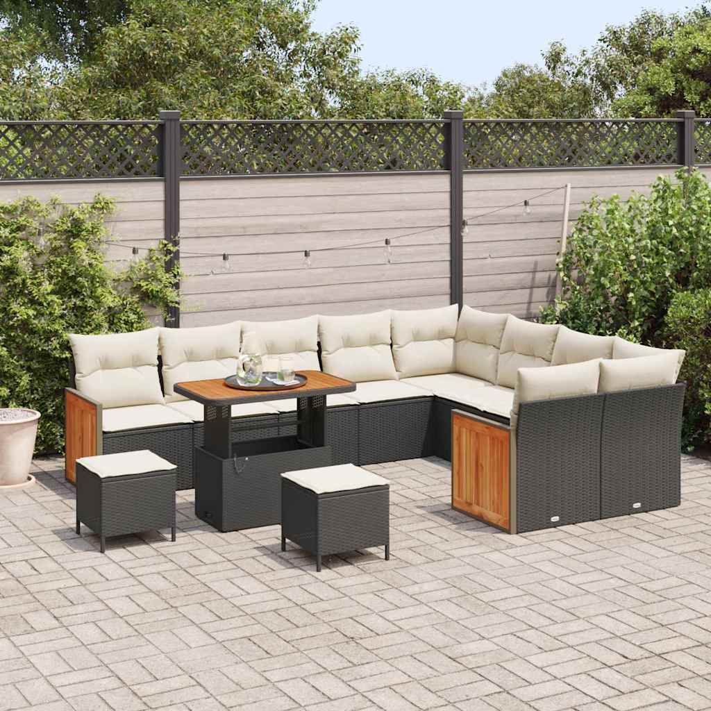 Gartensofa-set mit Kissen 13 pcs Schwarz und Creme Poly-Rattan