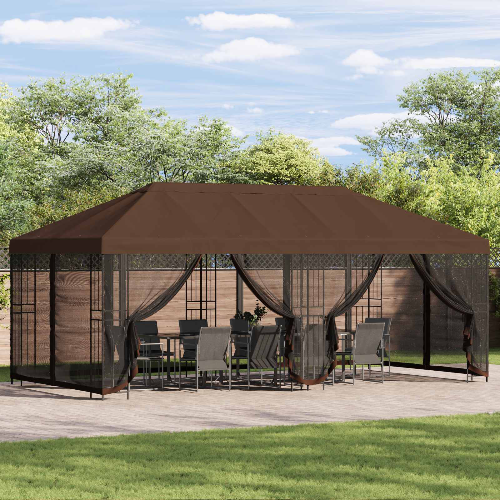 Pavillon mit Seitenwänden 6 x 3 m Braun Polyester und Stahl 190