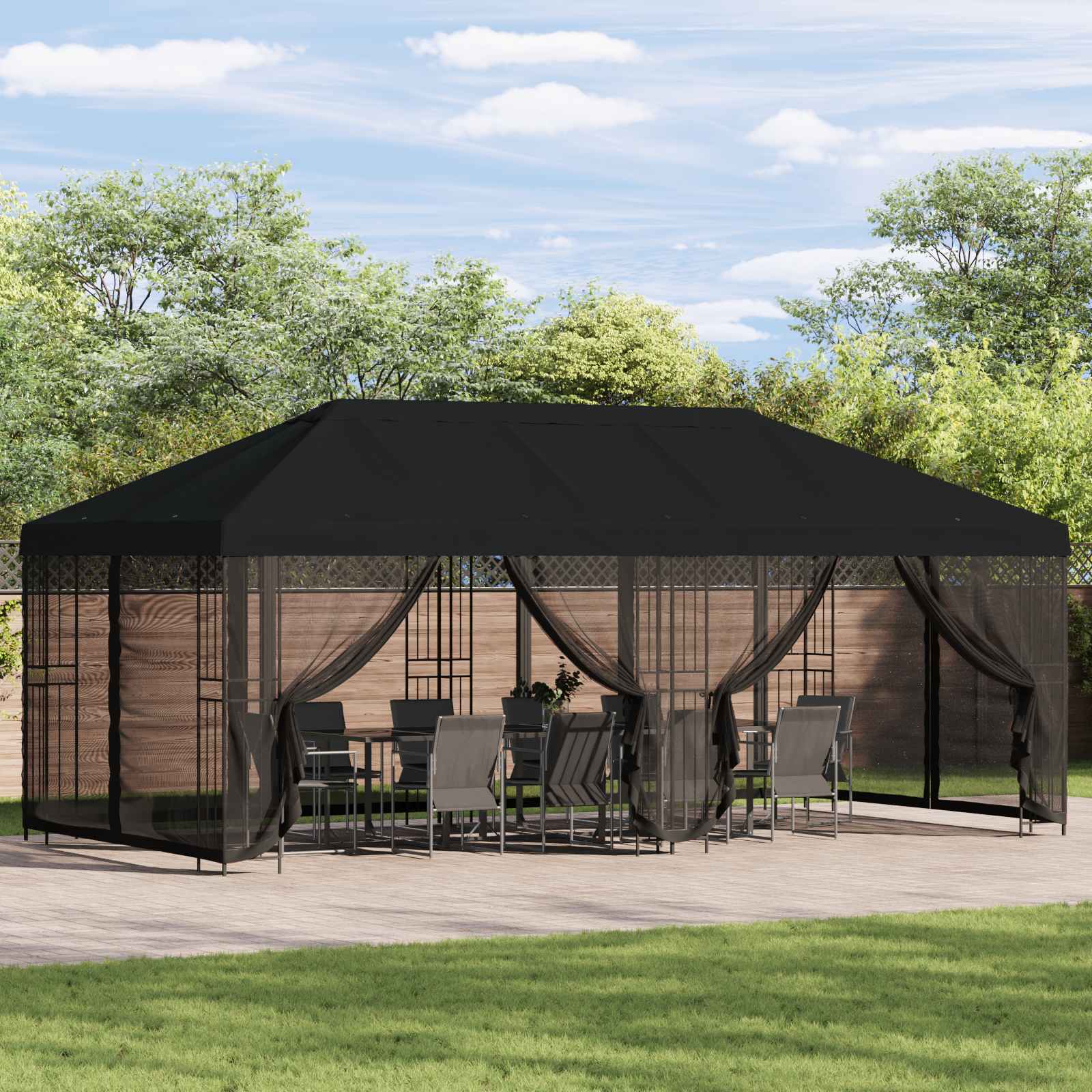 Pavillon mit Seitenwänden 6 x 3 m Schwarz Polyester und Stahl