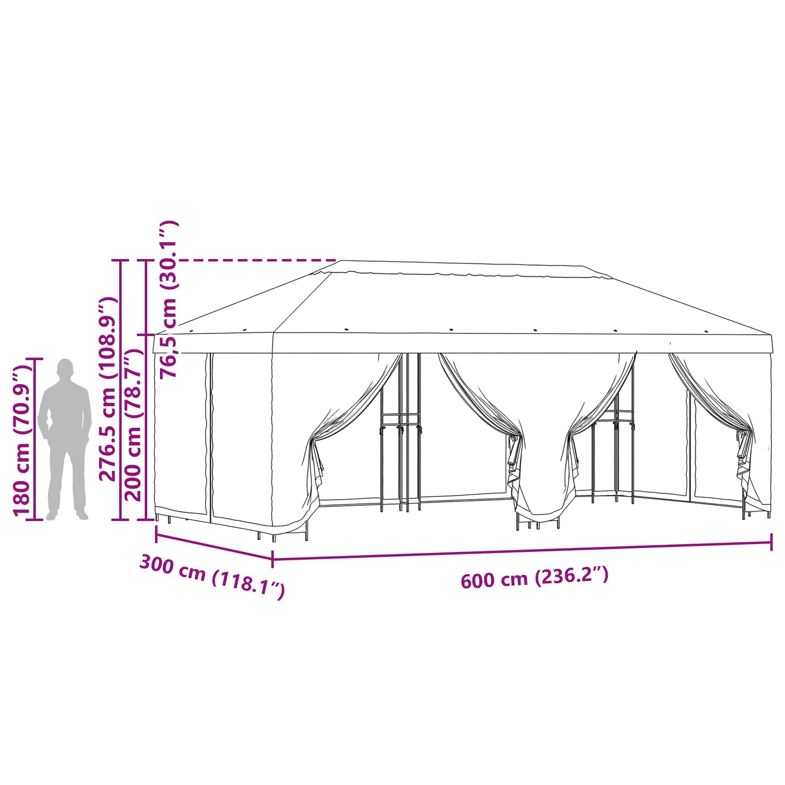 Pavillon mit Seitenwänden 6 x 3 m Terrakotta