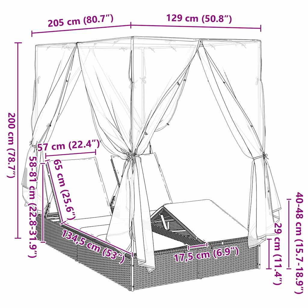 Doppelte Sonnenliege Warmes Weiß 205 x 129 x 200 cm Poly-Rattan