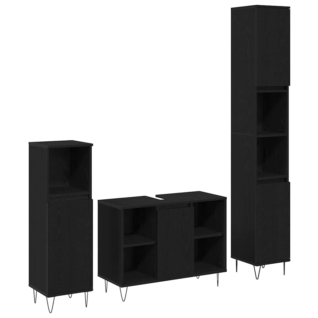 Badezimmermöbel-Set 3 pcs Schwarz Eichen-Optik Holzwerkstoff