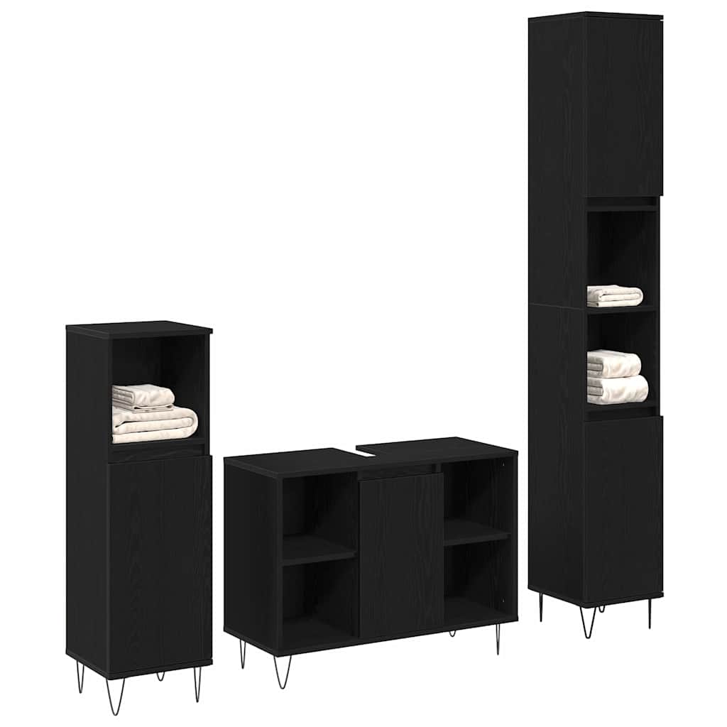 Badezimmermöbel-Set 3 pcs Schwarz Eichen-Optik Holzwerkstoff