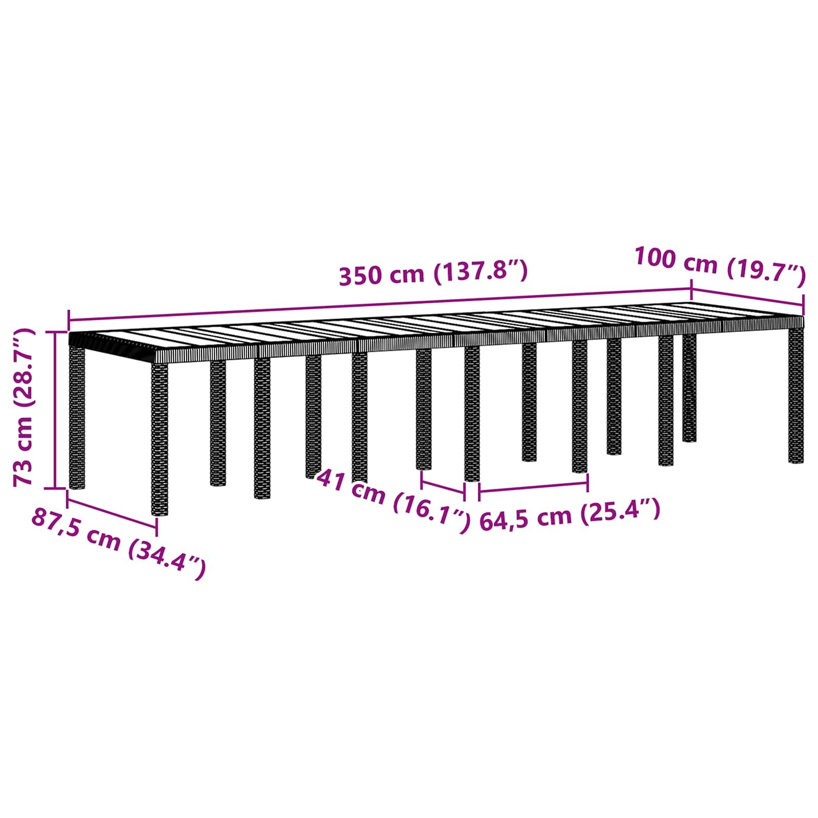 Gartentisch Hellgrau 350 x 100 x 74 cm Poly-Rattan