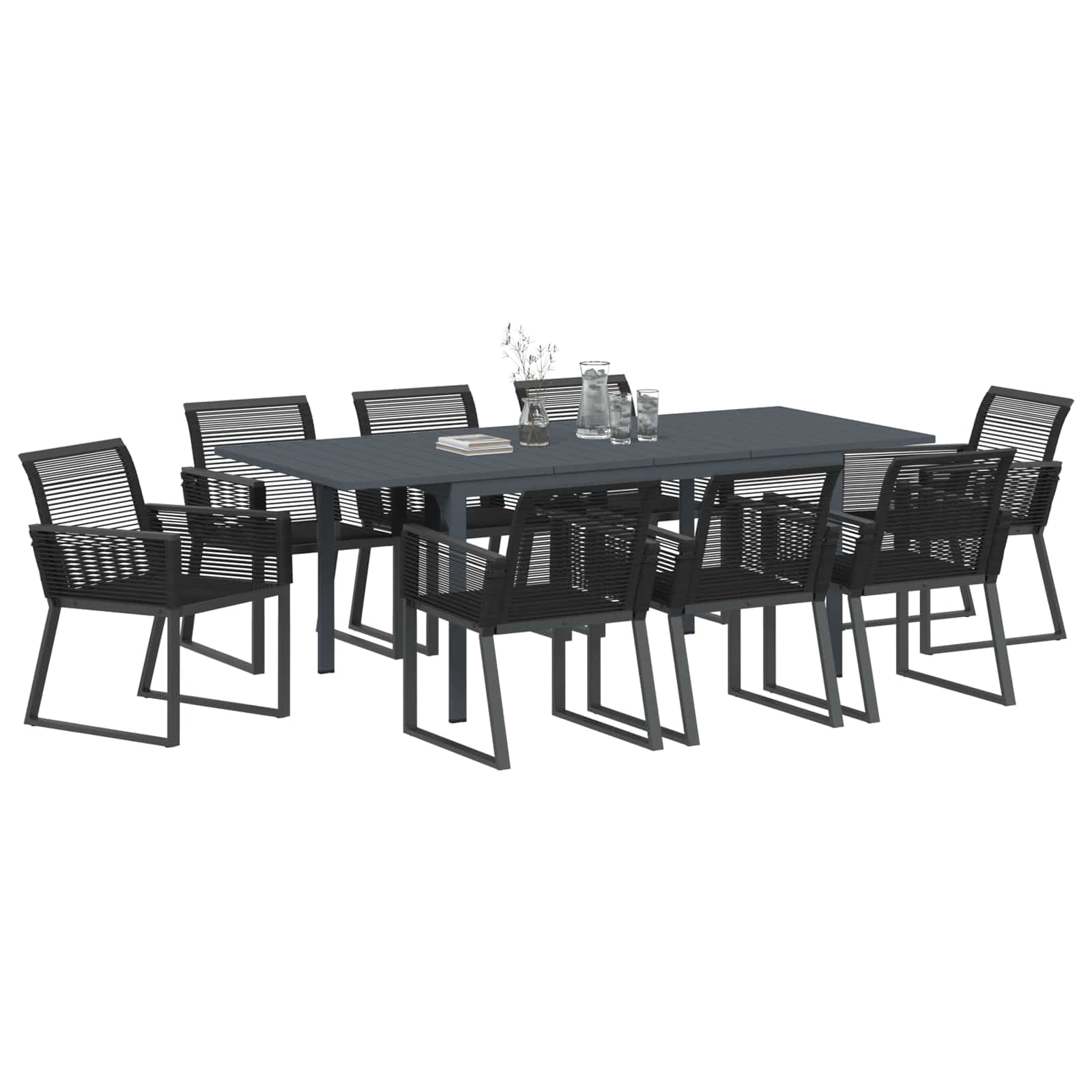 Garten Essgruppe 9 pcs Schwarz Poly-Rattan