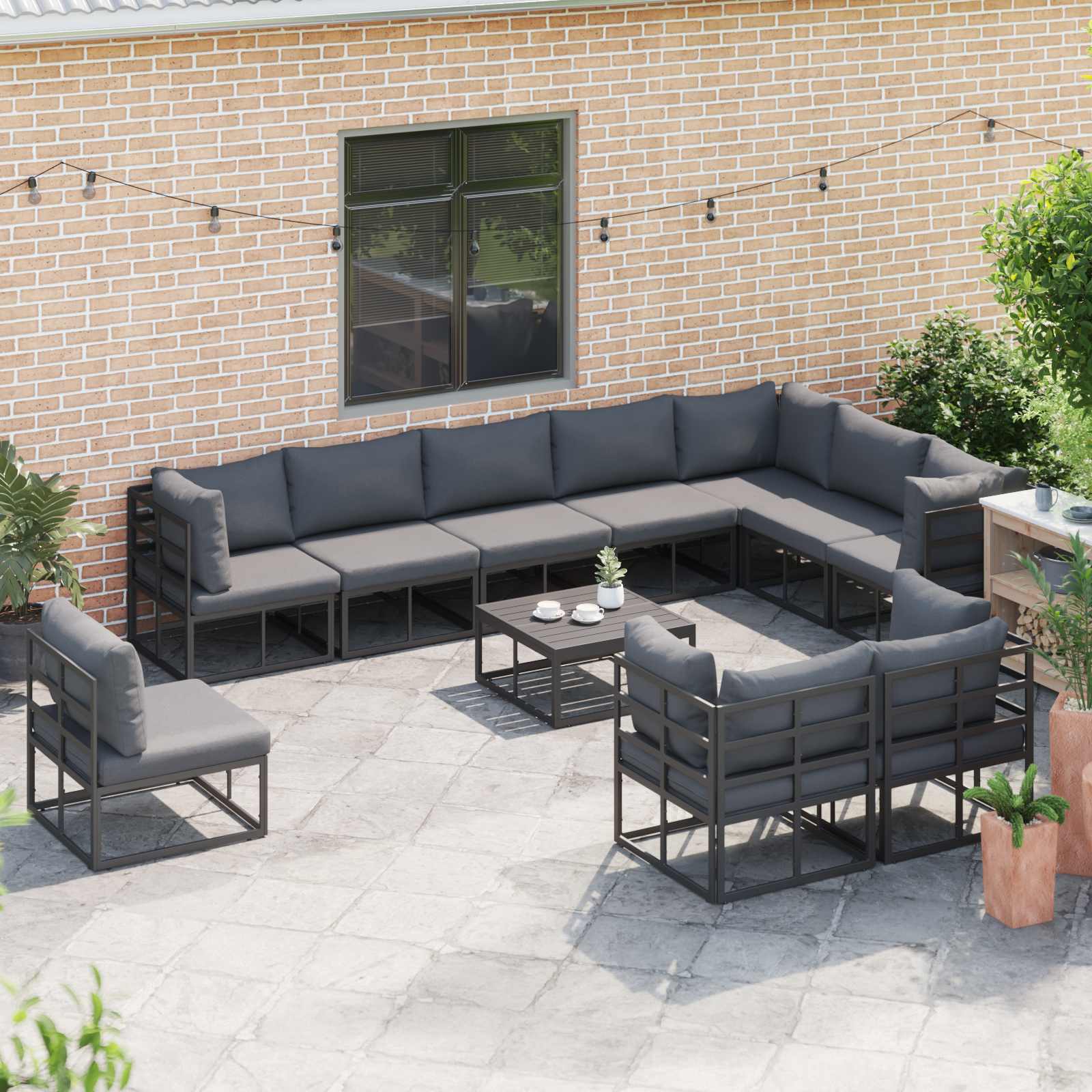 Gartensofa-set mit Kissen 10 pcs Schwarz Aluminium
