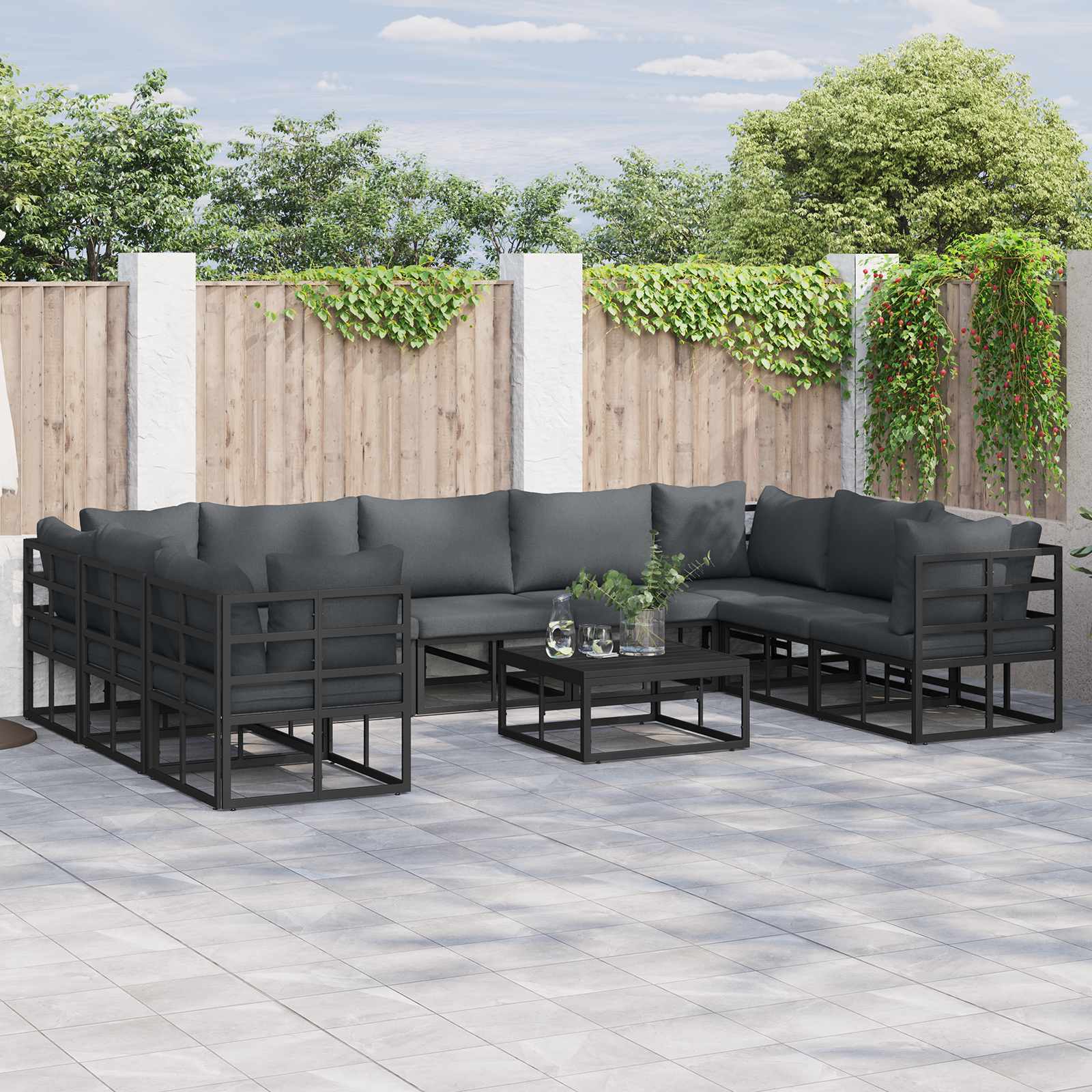 Gartensofa-set mit Kissen 10 pcs Schwarz Aluminium
